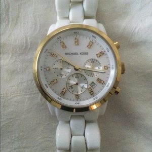 EUC Michael Kors white resin watch with gold detail.
